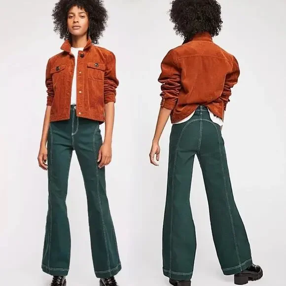 Free People High-Rise Foxy Flare Jeans Green Wide Leg Retro - Picture 2 of 16